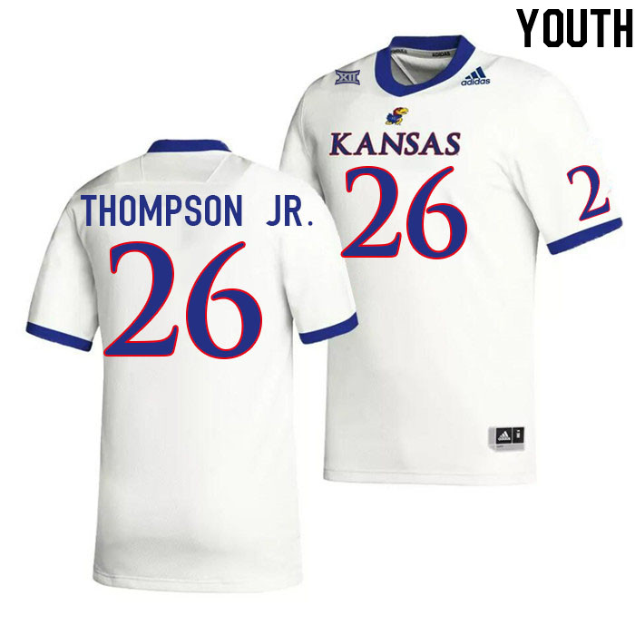 Youth #26 Johnny Thompson Jr. Kansas Jayhawks College Football Jerseys Stitched Sale-White - Click Image to Close